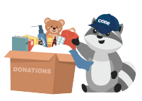 A cartoon raccoon wearing a blue hat with the word "CODE" is standing next to a brown box labeled "DONATIONS." The box is filled with various items, including books, a teddy bear, toiletries, and clothing. The raccoon is holding a piece of clothing and smiling. The image emphasizes the importance of proper waste disposal and donating items as part of summer readiness.