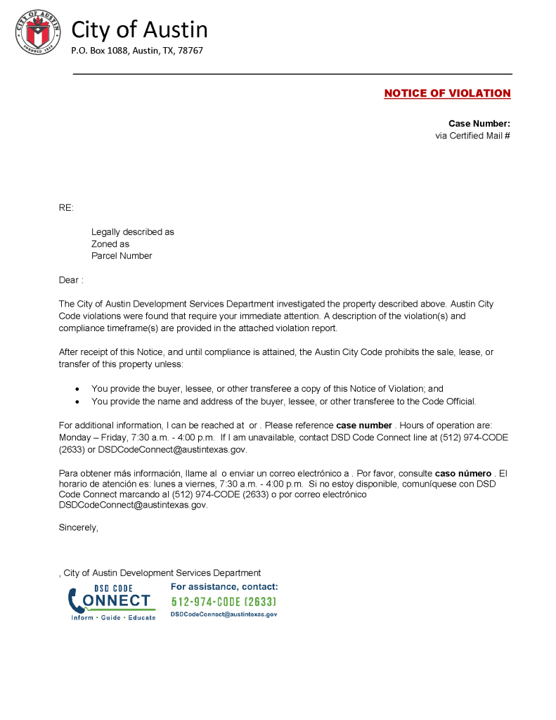 sample copy of a notice of violation letter