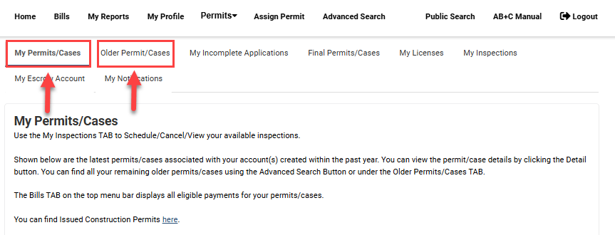 screenshot of location of my permits/cases and older permit/cases tabs