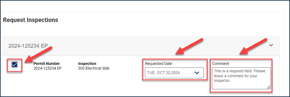 Visual representation showing requested date and comment fields.