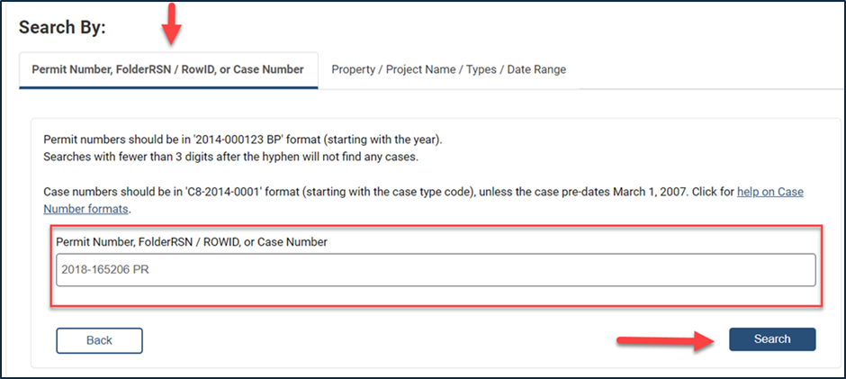 screenshot of permit number search bar