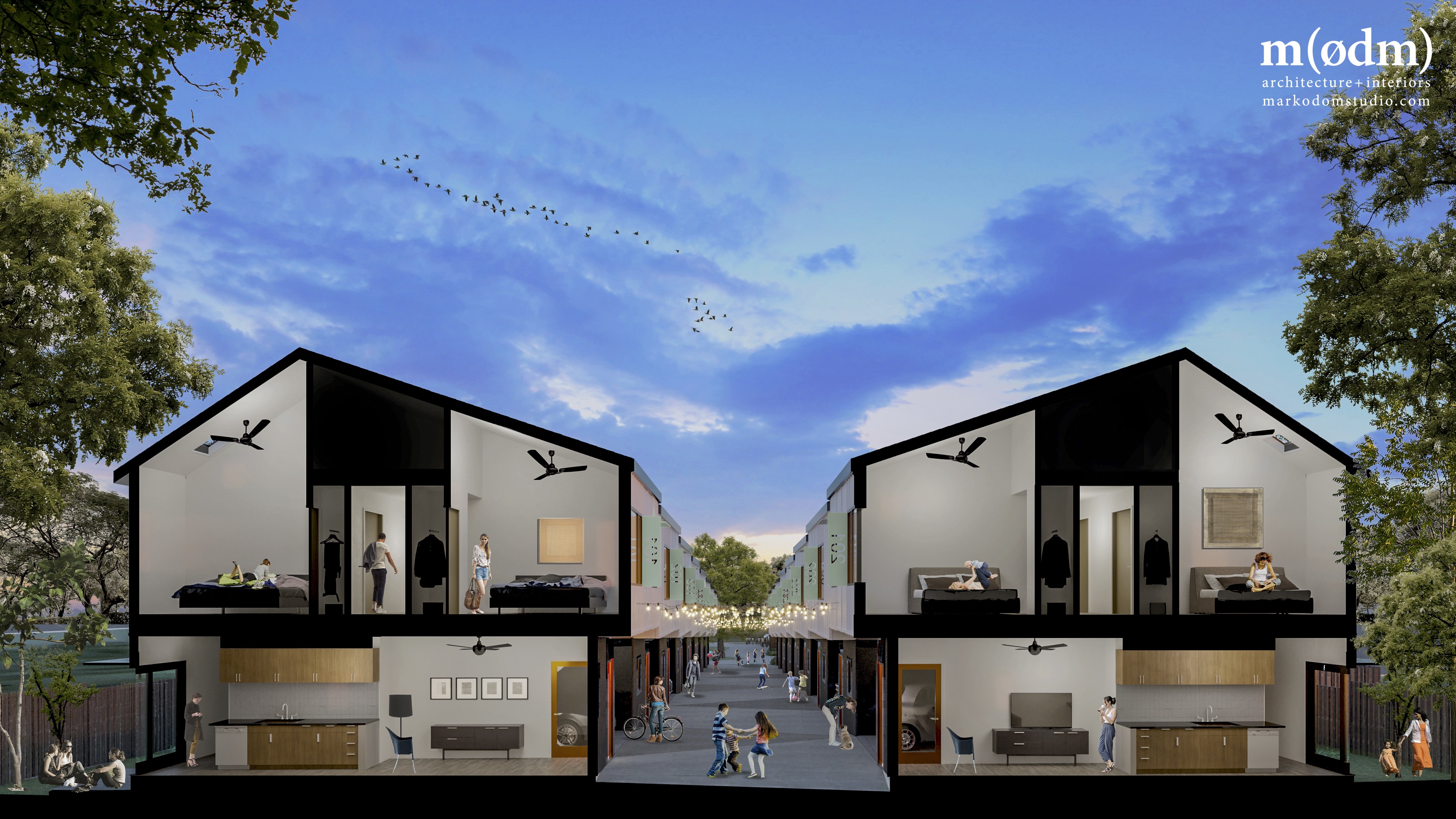 Rendering shows a cutaway view of two sections of 2-story townhomes with an alley in the between. The alley is filled with residents walking, riding a bicycle or playing. The cutaway views show a kitchen and living room downstairs and three bedrooms upstairs with a vaulted ceiling for extra spaciousness. 