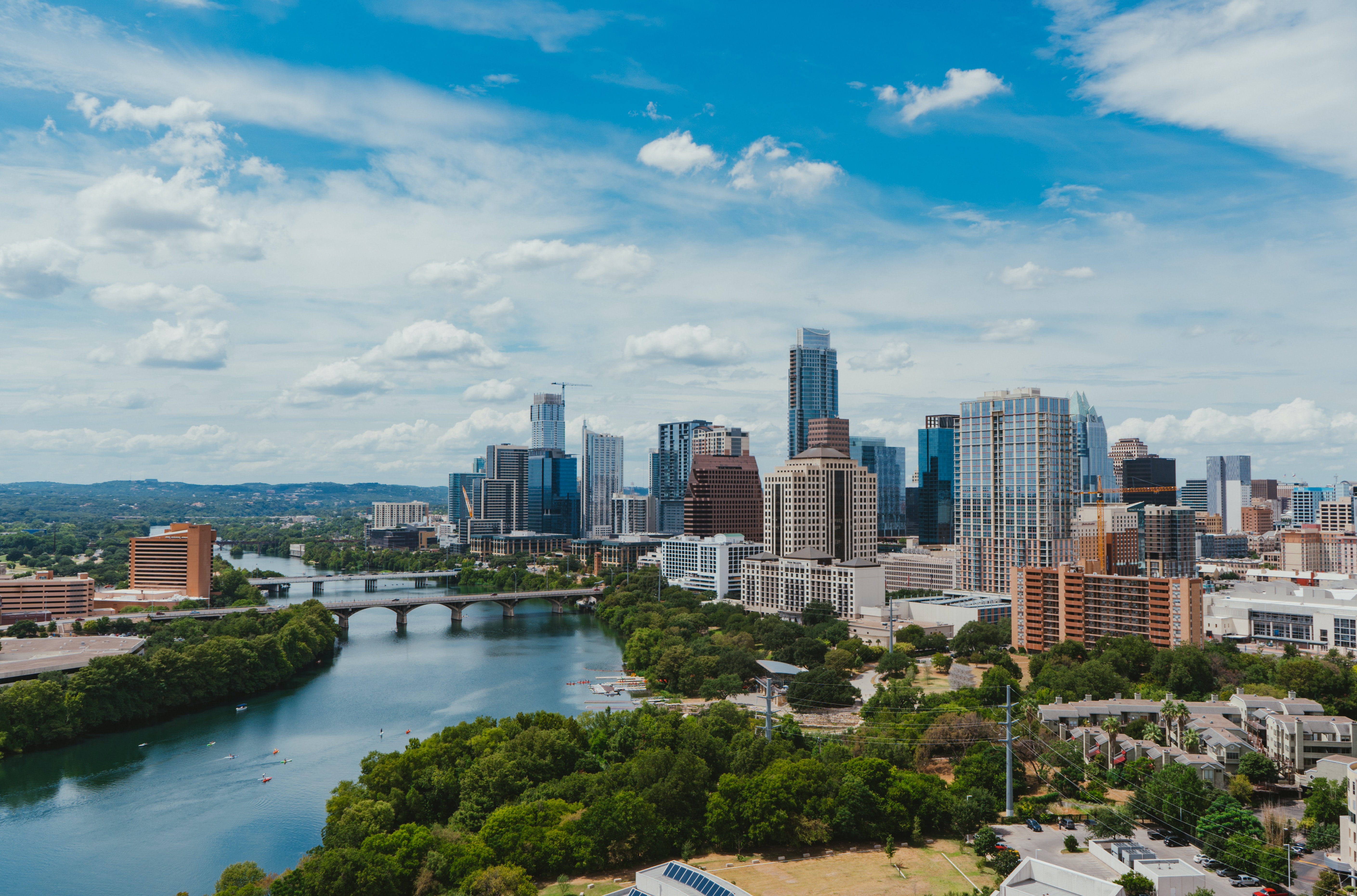 Photo of southwest views of downtown Austin and Lady Bird Lake.