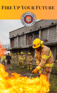 Pass the Torch Cadet wearing full fire gear extinguishing a large flame while other cadets look on.