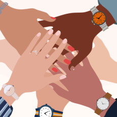 A graphic showing a drawing of hands with different skin tones and clothing coming together.