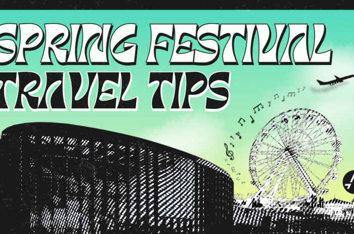 A stylized graphic promoting "Spring Festival Travel Tips." The background features a gradient from green to light blue, with bold, artistic text. The illustration includes a large ferris wheel with musical notes floating around it, an airplane flying in the sky, and a modern building in the foreground. The AUS airport logo is placed in the bottom right corner.