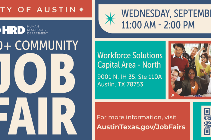 50+ Community Job Fair Flyer. 11am -2 pm at Texas Workforce Solutions Capital Area North.