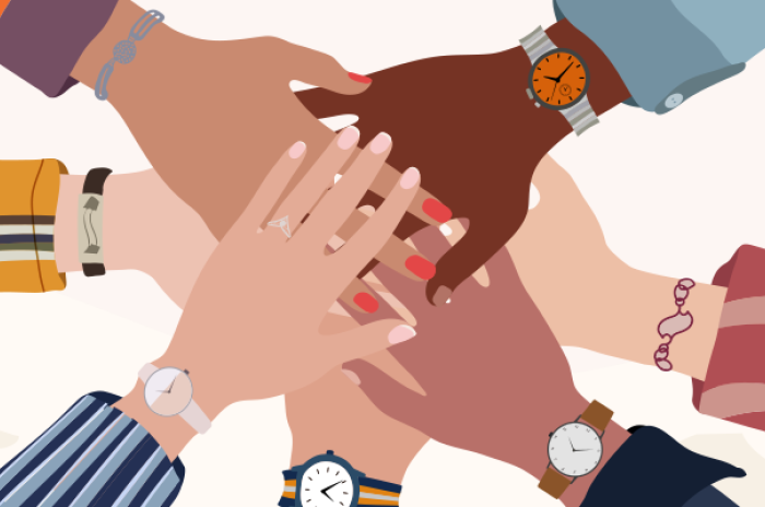 A graphic showing a drawing of hands with different skin tones and clothing coming together.