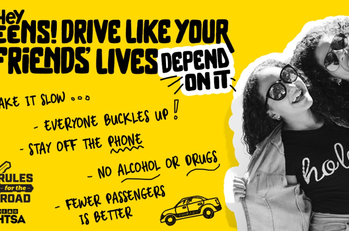 Bright yellow image with slogans on how to drive safely.