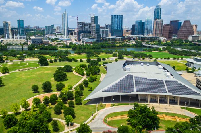 Aerial view of the Palmer Solar Skyline looking toward downtown Austin