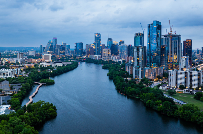 View of downtown Austin from the east side of the river. 