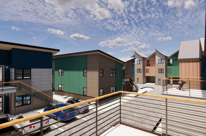 Rendering shows multi-family apartment complex to be developed by Industry ATX. The buildings have wood or fiber cement siding in either a vertical or horizontal pattern and come in a range of colors, including dark blue, tan, white and green. Also shown are balconies with horizontal railing and parking spaces in front of the buildings.