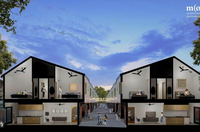 Rendering shows a cutaway view of two sections of 2-story townhomes with an alley in the between. The alley is filled with residents walking, riding a bicycle or playing. The cutaway views show a kitchen and living room downstairs and three bedrooms upstairs with a vaulted ceiling for extra spaciousness. 