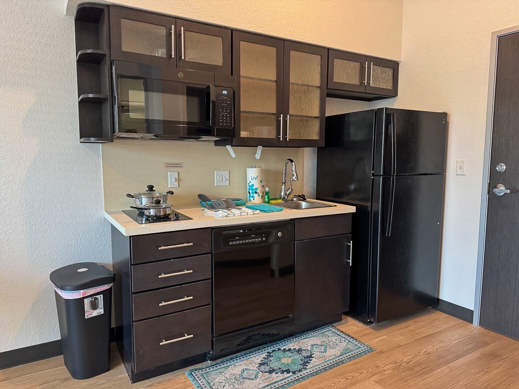 A kitchen area featuring dark wooden cabinets, a black refrigerator, a microwave, a small stovetop, and a dishwasher. The countertop is clean, with a pot on the stove and some kitchen essentials placed near the sink. A patterned rug is laid on the wooden floor.